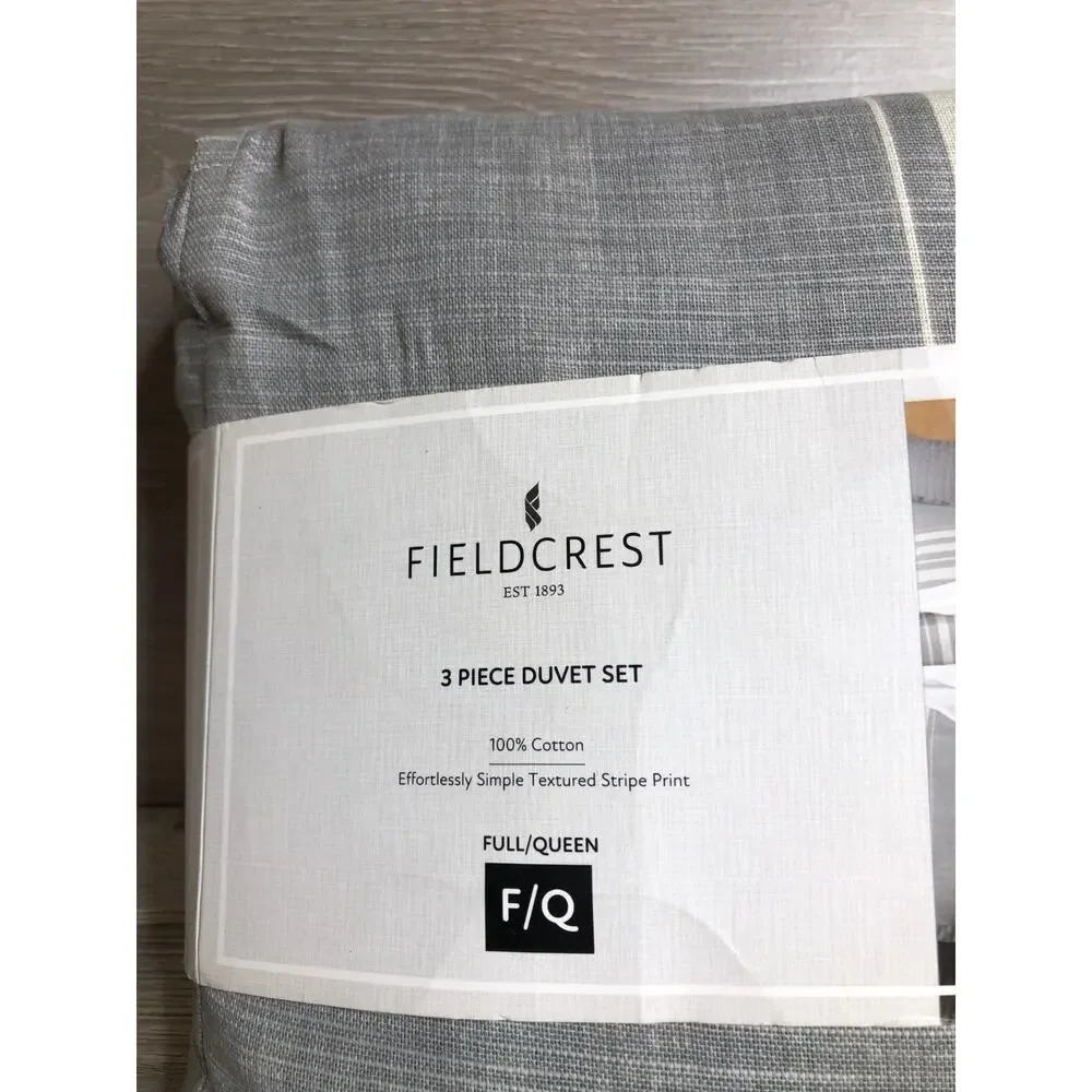 Fieldcrest Full / Queen Duvet Cover Set 3 piece limestone Gray Stripe NEW